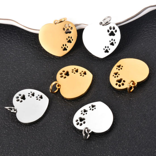 Picture of Stainless Steel Pet Memorial Charms Multicolor Heart Paw Claw Hollow 23mm x 18mm