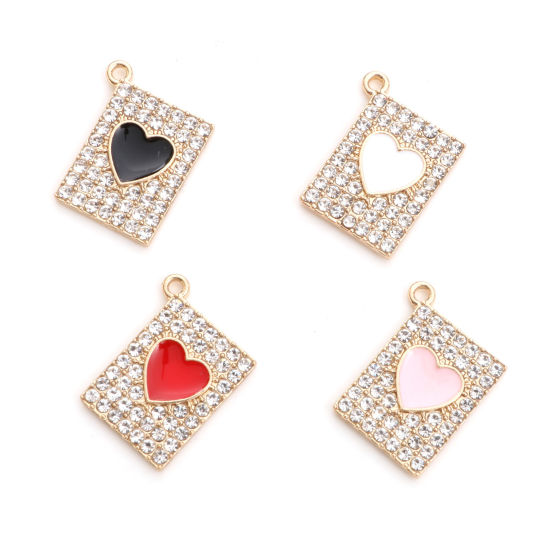 Picture of Zinc Based Alloy Valentine's Day Charms Gold Plated Rectangle Heart Enamel Clear Rhinestone 20mm x 16mm