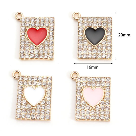 Picture of Zinc Based Alloy Valentine's Day Charms Gold Plated Rectangle Heart Enamel Clear Rhinestone 20mm x 16mm