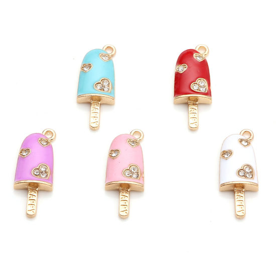 Picture of Zinc Based Alloy Charms Gold Plated Multicolor Ice Cream Heart Enamel Clear Rhinestone 25mm x 9mm