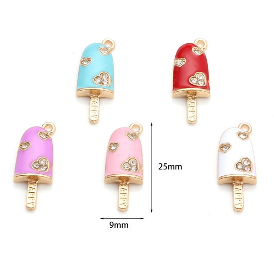 Picture of Zinc Based Alloy Charms Gold Plated Multicolor Ice Cream Heart Enamel Clear Rhinestone 25mm x 9mm