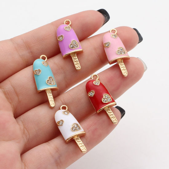 Picture of Zinc Based Alloy Charms Gold Plated Multicolor Ice Cream Heart Enamel Clear Rhinestone 25mm x 9mm