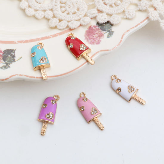 Picture of Zinc Based Alloy Charms Gold Plated Multicolor Ice Cream Heart Enamel Clear Rhinestone 25mm x 9mm