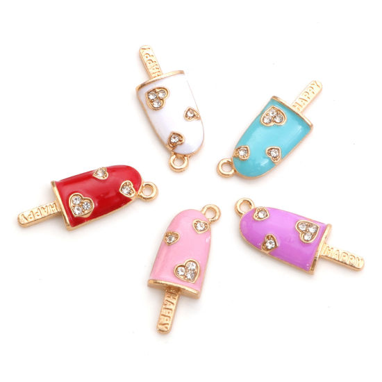 Picture of Zinc Based Alloy Charms Gold Plated Multicolor Ice Cream Heart Enamel Clear Rhinestone 25mm x 9mm