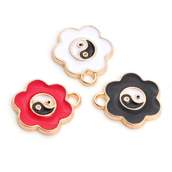 Picture of Zinc Based Alloy Religious Charms Gold Plated Multicolor Flower Yin Yang Symbol Enamel 16mm x 15mm