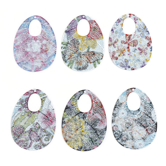 Picture of Iron Based Alloy Filigree Stamping Pendants Multicolor Drop Painted 5.1cm x 3.6cm