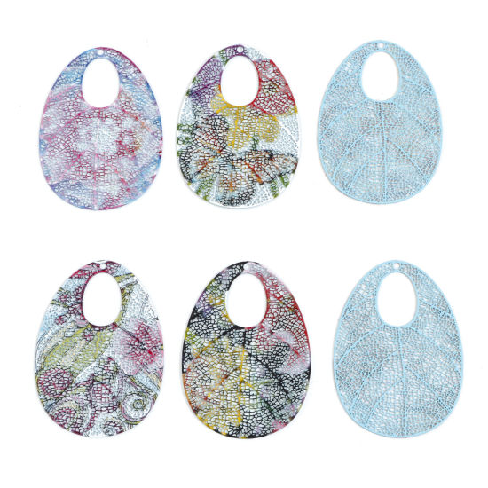 Picture of Iron Based Alloy Filigree Stamping Pendants Multicolor Drop Painted 5.1cm x 3.6cm