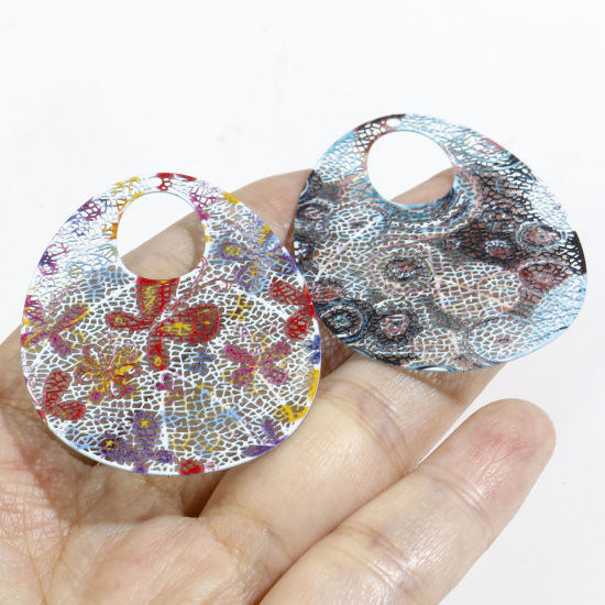 Picture of Iron Based Alloy Filigree Stamping Pendants Multicolor Drop Painted 5.1cm x 3.6cm