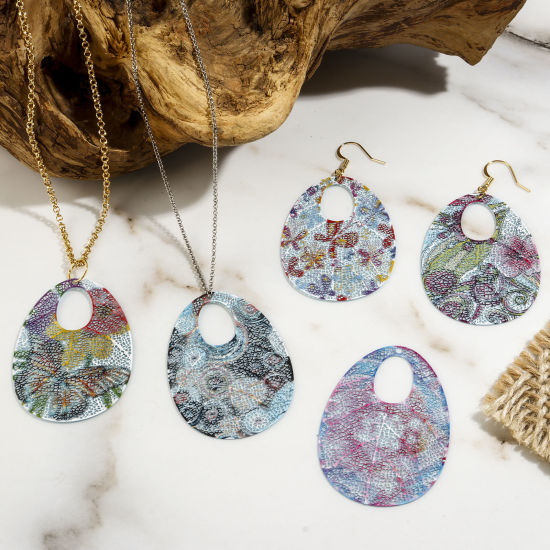 Picture of Iron Based Alloy Filigree Stamping Pendants Multicolor Drop Painted 5.1cm x 3.6cm