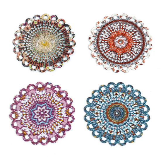 Bild von Eisenlegierung Filigran Stempel Verzierung Anhänger Rund Bunt Spritzlackierung 4.7cm x 4.7cm, 5 Stück