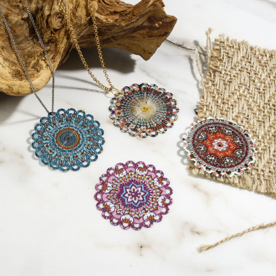 Bild von Eisenlegierung Filigran Stempel Verzierung Anhänger Rund Bunt Spritzlackierung 4.7cm x 4.7cm, 5 Stück