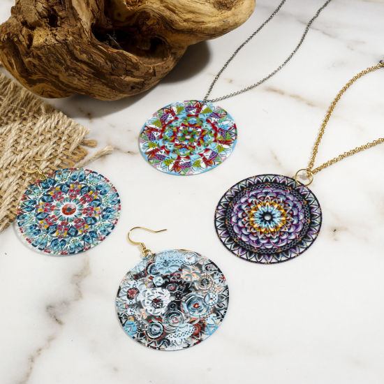 Picture of Iron Based Alloy Filigree Stamping Pendants Multicolor Round Painted 4.7cm x 4.7cm