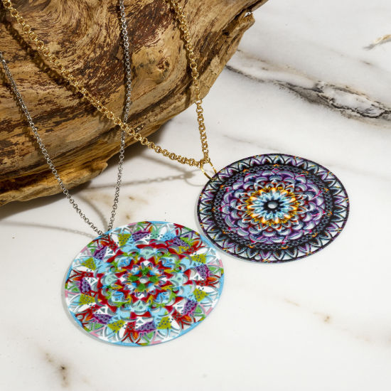 Picture of Iron Based Alloy Filigree Stamping Pendants Multicolor Round Painted 4.7cm x 4.7cm