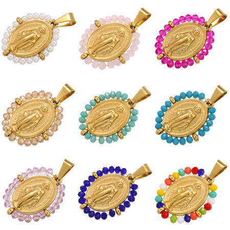 Edelstahl & Glas Religiös Anhänger Oval Bunt Heilige Maria Mutter Gottes 38mm x 24mm, 1 Stück