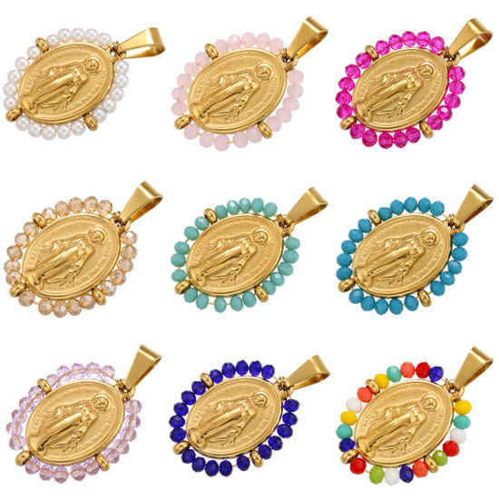 Bild von Edelstahl & Glas Religiös Anhänger Oval Bunt Heilige Maria Mutter Gottes 38mm x 24mm, 1 Stück