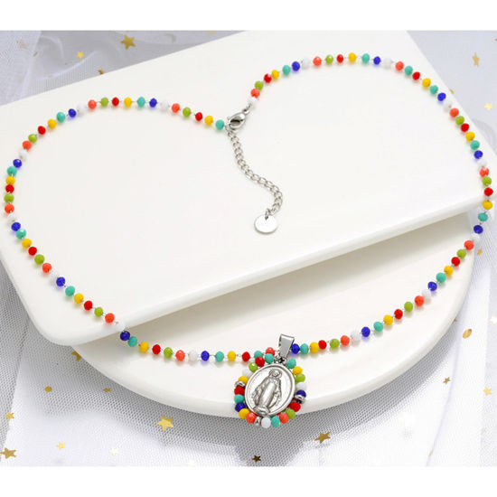 Bild von Edelstahl & Glas Religiös Anhänger Oval Bunt Heilige Maria Mutter Gottes 38mm x 24mm, 1 Stück