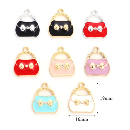 Imagen de Zamak Ropa Colgantes Charms Bolsa de mano Multicolor Transparente Rhinestone Esmalte 19mm x 16mm, 10 Unidades