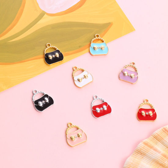 Imagen de Zamak Ropa Colgantes Charms Bolsa de mano Multicolor Transparente Rhinestone Esmalte 19mm x 16mm, 10 Unidades