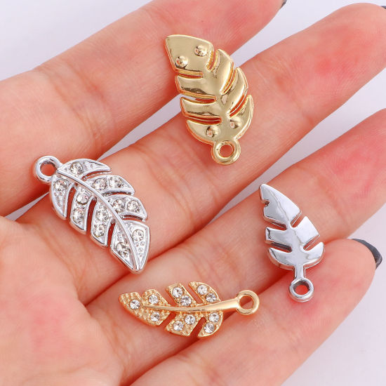 Picture of Zinc Based Alloy Charms Multicolor Leaf Clear Rhinestone