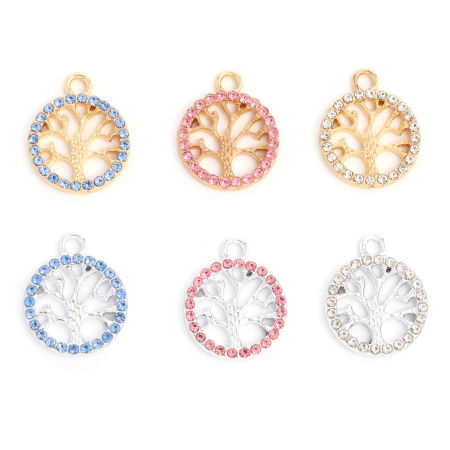 Bild von Zinklegierung Charms Rund Bunt Lebensbaum Bunt Strass 19mm x 16mm, 10 Stück
