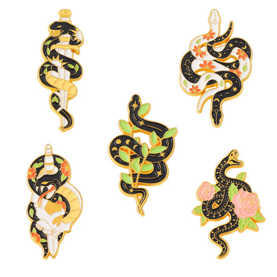Picture of Gothic Pin Brooches Snake Animal Flower Gold Plated Black Enamel
