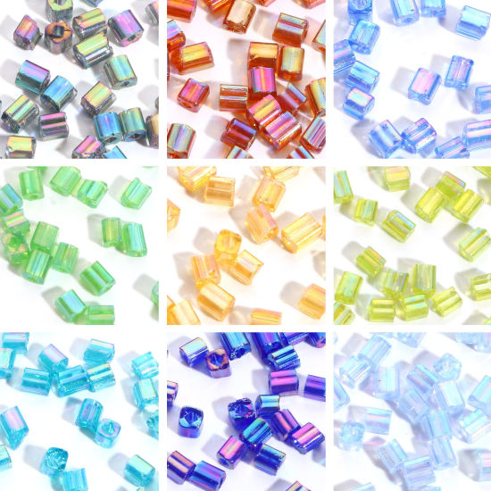 Bild von Glas Quadratische Rocailles Perlen Bunt Transparent AB Farbe ca. 4mm x 4mm, Loch:ca. 1.2x1.2mm, 100 Gramm