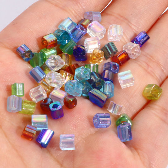 Bild von Glas Quadratische Rocailles Perlen Bunt Transparent AB Farbe ca. 4mm x 4mm, Loch:ca. 1.2x1.2mm, 100 Gramm