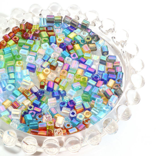 Image de Perles de Rocailles Carrées en Verre Multicolore Transparent Couleur AB Env. 4mm x 4mm, Trou: env. 1.2x1.2mm, 100 Grammes