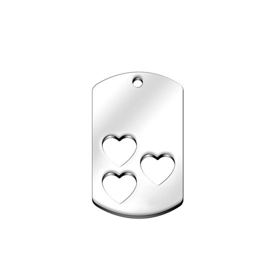Picture of 304 Stainless Steel Valentine's Day Pendants Rectangle Heart Silver Tone Blank Stamping Tags Two Sides 40mm x 25mm