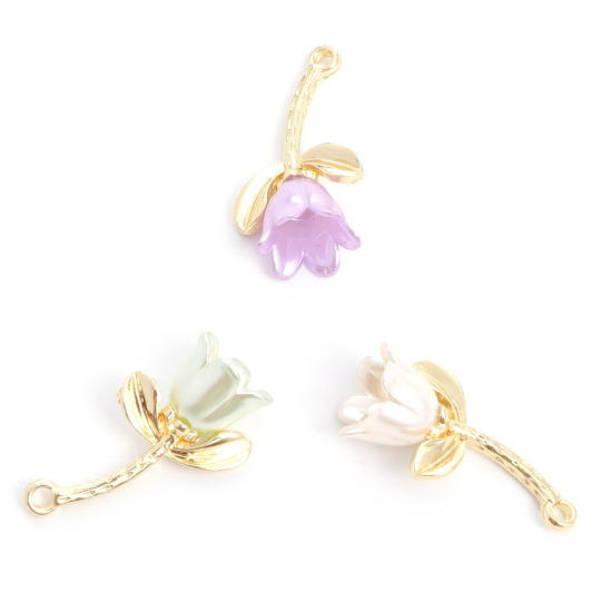 Imagen de Aleación de metal de Zinc + Acrílico Colgantes Charms Flor de Tulipán Chapado en Oro Multicolor 27mm x 15mm, 5 Unidades