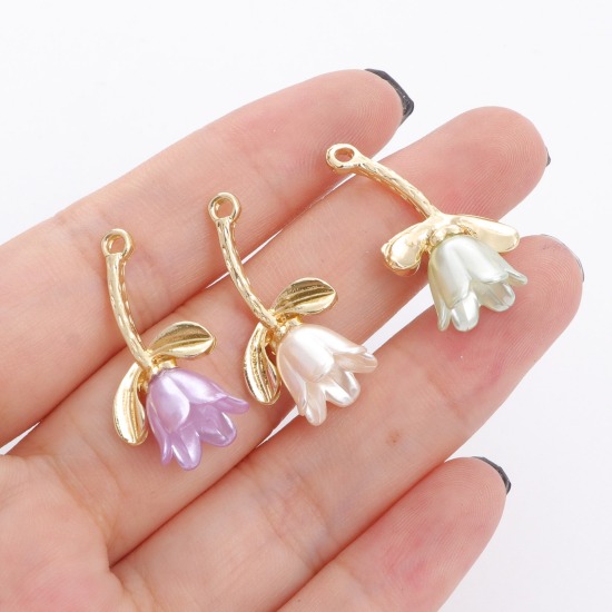 Imagen de Aleación de metal de Zinc + Acrílico Colgantes Charms Flor de Tulipán Chapado en Oro Multicolor 27mm x 15mm, 5 Unidades