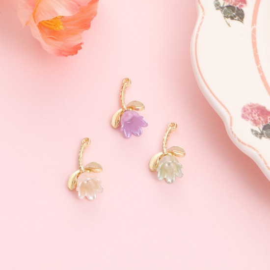Imagen de Aleación de metal de Zinc + Acrílico Colgantes Charms Flor de Tulipán Chapado en Oro Multicolor 27mm x 15mm, 5 Unidades