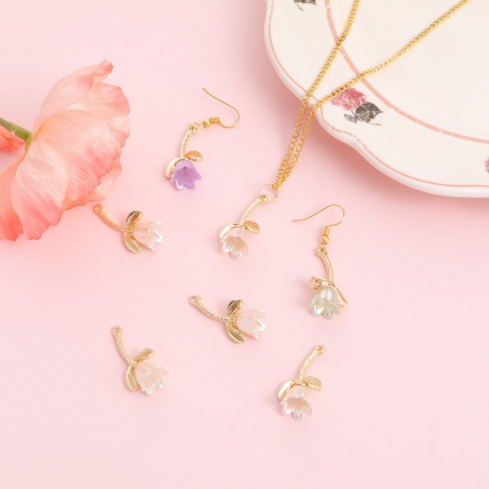 Imagen de Aleación de metal de Zinc + Acrílico Colgantes Charms Flor de Tulipán Chapado en Oro Multicolor 27mm x 15mm, 5 Unidades