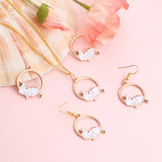 Immagine di Lega di Zinco Charms Tondo Oro Placcato Bianco & Caffè Gatto Smalto 10 Pz