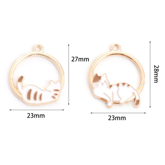 Immagine di Lega di Zinco Charms Tondo Oro Placcato Bianco & Caffè Gatto Smalto 10 Pz