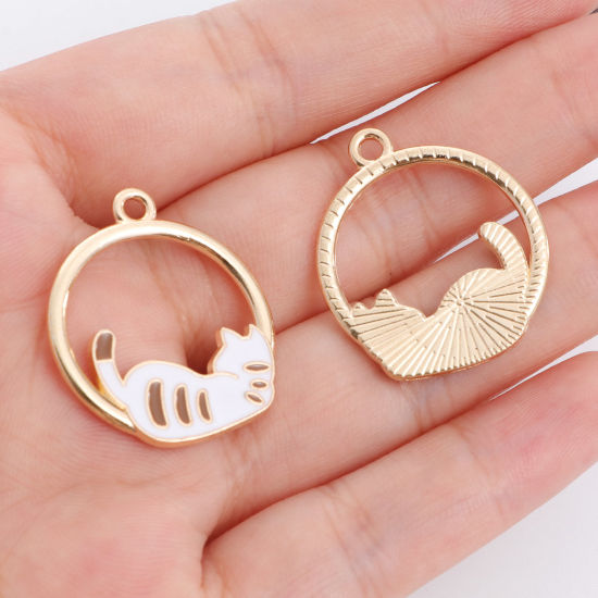 Immagine di Lega di Zinco Charms Tondo Oro Placcato Bianco & Caffè Gatto Smalto 10 Pz