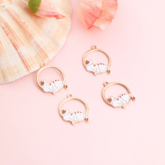 Immagine di Lega di Zinco Charms Tondo Oro Placcato Bianco & Caffè Gatto Smalto 10 Pz