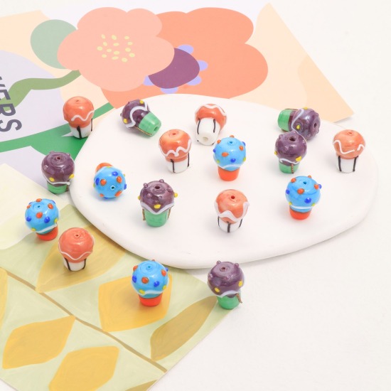 Picture of Lampwork Glass Beads Ice Cream Multicolor Dot About 20mm x 16mm