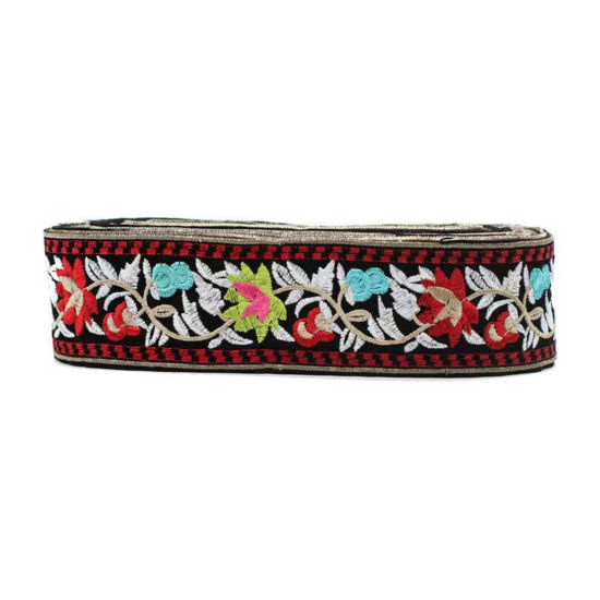 Picture of Polyester Ethnic Jacquard Webbing Ribbon Multicolor Flower Embroidered 5cm