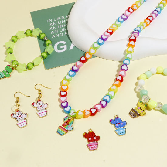 Imagen de Zamak Colgantes Charms Cactus Chapado en Oro Multicolor Esmalte 23mm x 16mm, 10 Unidades