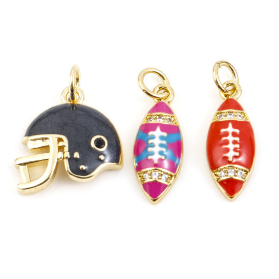 Bild von Messing Sport Charms 14K Gold plattiert Bunt Amerikanischer Fußball Emaille 1 Stück                                                                                                                                                                           