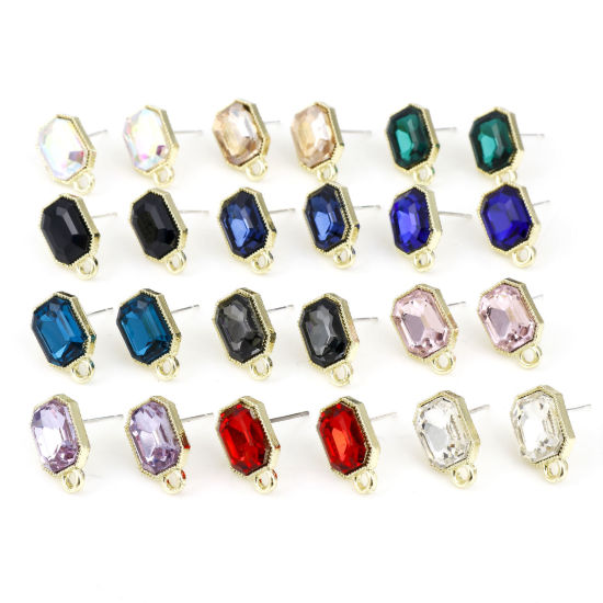 Picture of Zinc Based Alloy & Glass Geometry Series Ear Post Stud Earrings Findings Octagon Gold Plated Multicolor With Loop 15mm x 10mm
