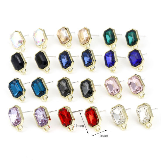 Picture of Zinc Based Alloy & Glass Geometry Series Ear Post Stud Earrings Findings Octagon Gold Plated Multicolor With Loop 15mm x 10mm