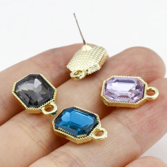 Picture of Zinc Based Alloy & Glass Geometry Series Ear Post Stud Earrings Findings Octagon Gold Plated Multicolor With Loop 15mm x 10mm