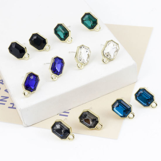 Picture of Zinc Based Alloy & Glass Geometry Series Ear Post Stud Earrings Findings Octagon Gold Plated Multicolor With Loop 15mm x 10mm
