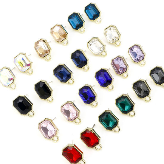 Picture of Zinc Based Alloy & Glass Geometry Series Ear Post Stud Earrings Findings Octagon Gold Plated Multicolor With Loop 15mm x 10mm