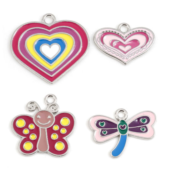 Immagine di Lega di Zinco Charms Tono Argento Multicolore Cuore Smalto 10 Pz
