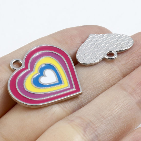 Immagine di Lega di Zinco Charms Tono Argento Multicolore Cuore Smalto 10 Pz