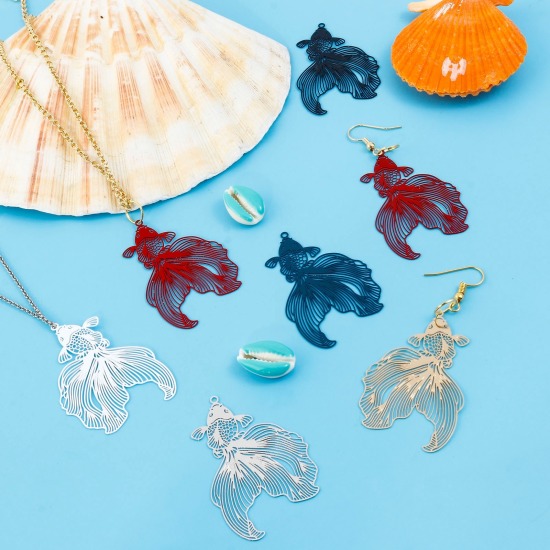 合金 透かしパーツ ペンダント 金魚 多色 ペインティング 4.8cm x 3.1cm、 10 個 の画像