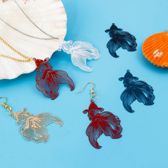 合金 透かしパーツ ペンダント 金魚 多色 ペインティング 4.8cm x 3.1cm、 10 個 の画像